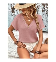 Kadın Kısa Kollu V Yakalı Düğmeli Triko Bluz