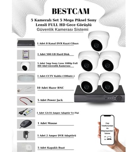 BESTCAM 5 Kameralı Set 5 Mega Piksel Sony Lensli FULL HD Gece Görüşlü Güvenlik Dome Kamera Seti 500 GB Hard Disk