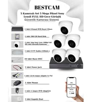 BESTCAM 5 Kameralı Set 5 Mega Piksel Sony Lensli FULL HD Gece Görüşlü Güvenlik Dome Kamera Seti 500 GB Hard Disk