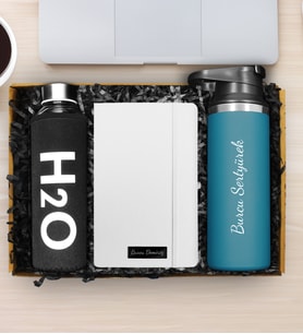 Kişiye Özel 500 ML Çelik Termos & Kişiye Özel Defter & Kılıflı Cam Şişe Matara Hediye Seti