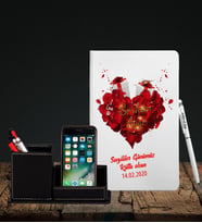 Sevgililer Gününe Özel Beyaz Defter Kalem & Deri Kaplama Kalemlik Hediye Seti 32