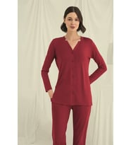 pilelistore Uzun Kollu Düğmeli V Yaka Pijama Takımı (Kırmızı)