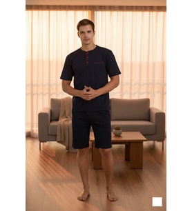 Yeni Sezon Yazlık Düğme Yakalı Lüx Tasarım Pijama Takımı (Lacivert)