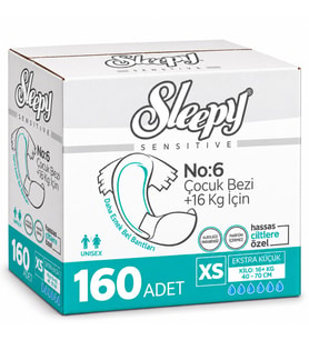 Sleepy Çocuk Bezi Bel Bantlı XS - Extra Küçük - Ekstra Küçük 160 Adet (16+ KG Bel Ölçüsü 40-70 CM)