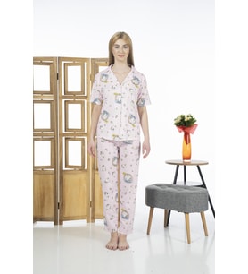 Estiva 24125 Kadın Kittycorn Kısa Kol Önden Düğmeli Yazlık Penye Pijama Takımı (Pembe)