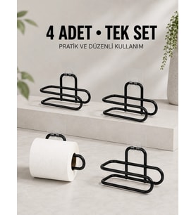 Duvara Yapışkanlı Wc Kağıtlık Siyah Metal 4 Adet Tuvalet Kağıdı Rulo Askısı