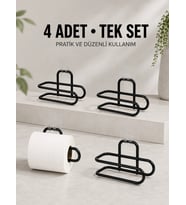 Duvara Yapışkanlı Wc Kağıtlık Siyah Metal 4 Adet Tuvalet Kağıdı Rulo Askısı