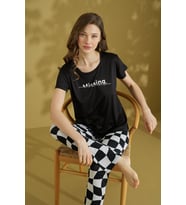 Kadın Desenli Bisiklet Yaka Düğmesiz Pamuklu Yazlık Kısa Kol Pijama Takımı (Siyah)