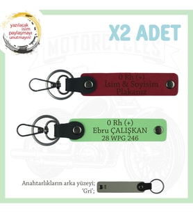 Motor Tutkunlarına, İsim Plaka ve 0 Rh (+) Kan Grubu Yazılı,  x2 Anahtarlık Set, Kırmızı-F Yeşil-Gr (Çok Renkli)