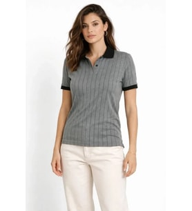 Polo Yaka Çizgili Tişört Kısa Kol Düğmeli Yazlık T-Shirt - Gri