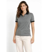 Polo Yaka Çizgili Tişört Kısa Kol Düğmeli Yazlık T-Shirt - Gri