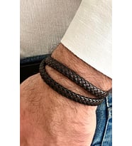 %100 Deri Yılan Sarmalı Dolamalı Erkek Bileklik NET 40 cm (Türk El Üretimi) (Siyah - Kahverengi)