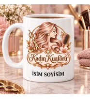 Kadın Kuaförü Kupa Bardak Saç Makas ve Fırça Desenli