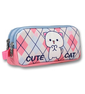 Ümit Çanta Beyaz Pembe Love Cute Cat Desenli Kalem Çantası - Kız Çocuk - 5026 (Çok Renkli)