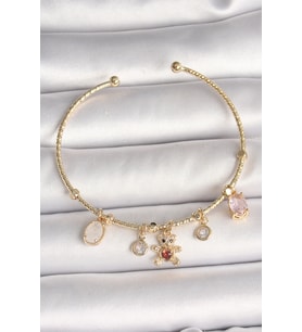 Pirinç Gold Renk Sallantı Zirkon Taşlı Ayıcık Figür Kırmızı Kalp Detay Charm Kadın Bileklik TJ-BB6896