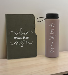 BK Gift Kişiye Özel İsimli Mat Gri Termo Deri Defter ve Cam Matara Hediye Seti-7, Sevgiliye Hediye, Arkadaşa Hediye, Yeni İş Hediyesi