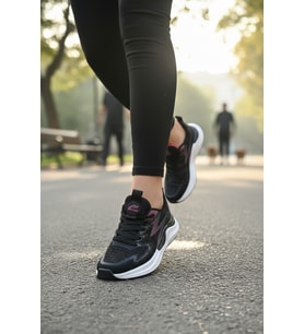 Enoch Kadın Spor Ayakkabı Desenli Nefes Alabilir File Sneaker  Taban Koşu Yürüyüş Ayakkabısı (Siyah-Fusya)