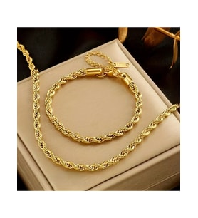 Çelik Takı Seti Bileklik Kolye Ince Burgu Zincir Model 4 mm Kalınlık 18-55 cm Uzunluk Altın Sarısı Gold