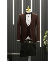 Regular Fit Armürlü Şal Yaka Yelekli Papyonlu Smokin Takım Elbise (Bordo)