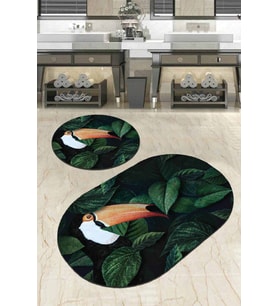 Yeşil Yapraklı Banyo Halısı Klozet Oval Paspas Seti BS088