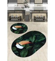 Yeşil Yapraklı Banyo Halısı Klozet Oval Paspas Seti BS088