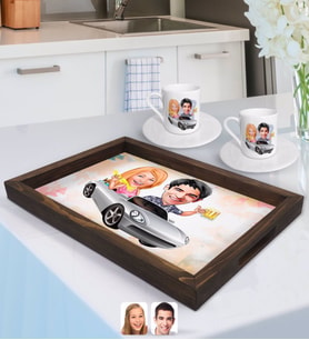 BK Gift Kişiye Özel Sevgililer Karikatürlü Doğal Ahşap Tepsi ve 2’li Kahve Fincan Seti-53