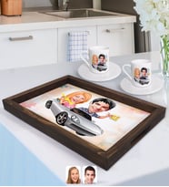 BK Gift Kişiye Özel Sevgililer Karikatürlü Doğal Ahşap Tepsi ve 2’li Kahve Fincan Seti-53