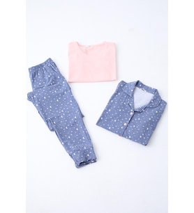 Kadın Pijama Uzun Kollu Düğmeli Pijama Takımı Cepli Pamuk  3 Lü Takım Kısa Kollu INDIGO