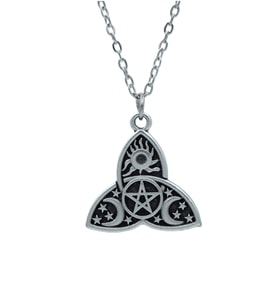 Triquetra - Güneş Ay Yıldız Pentagram Erkek Kadın Kolye Antik Gümüş Kaplama - 60 cm Düz Zincir