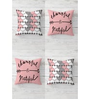 Şükür ve Kalp Temalı Greatful Gizli Fermuarlı Kırlent Kılıfı Koltuk Yastık Kılıfı Takım(4ADET) (Pembe)