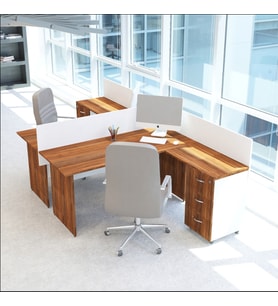 Vena Nil L Workstation İkili Çalışma Masa 3 Panelli 294x160cm  Çalışma Grubu İstasyonu (Beyaz - Ceviz)
