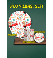 Yılbaşı Temalı 3'lü Bilek Destekli Mousepad Kupa Ve Bardak Altlığı Seti