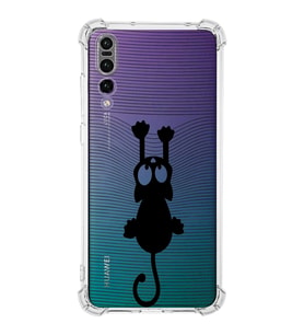 Huawei P20 Pro  Köşe Korumalı Antişok Kapak Çizgi Kedi (Siyah) Tasarımlı Şeffaf Kılıf