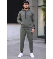 Erkek İki İplik Kapüşonlu Kanguru Cepli Sweatshirt Jogger Pantolon Alt Üst Eşofman Takımı - Haki