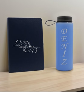 BK Gift Kişiye Özel İsimli Lacivert Defter ve Mavi Cam Matara Hediye Seti-3, Sevgiliye Hediye, Arkadaşa Hediye, Yeni İş Hediyesi