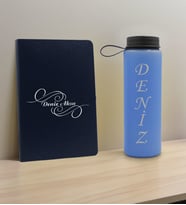 BK Gift Kişiye Özel İsimli Lacivert Defter ve Mavi Cam Matara Hediye Seti-3, Sevgiliye Hediye, Arkadaşa Hediye, Yeni İş Hediyesi