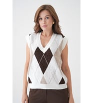 Kadın V Yaka Desenli Yumuşak Dokulu Triko Sweater (Kemik)