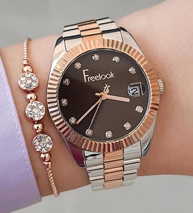 Freelook Kahverengi Kadran Rose Gold/Metalik Kadın Kol Saati + Zirkon Taşlı Bileklik (Rose - Gümüş)