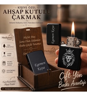 Hızlı Kargo Kişiye Özel Çift Yön Baskı Seçeneğiyle Metal Çakmak - Ahşap Kutulu - Aslan Kartal Kurt Logo Tasarım Seçenekleriyle