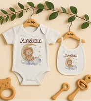 Pia Baby Premium %100 Pamuk İsme Özel Organik Baskılı Çıtçıtlı Bebek Body Ve Önlük 5015-20 (Ekru)