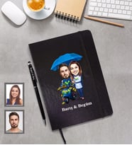 Kişiye Özel Vespa Motorcu Sevgili Karikatürlü Siyah Defter Kalem Hediye Seti   Mod-1
