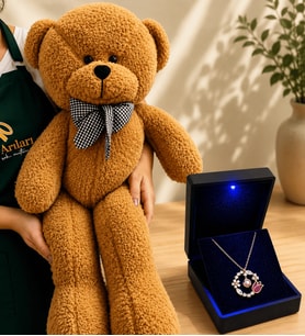 Işıklı Kutuda 925 Ayar Gümüş Rose Gümüş Lale Bahçesi 100 Dilde Seni Seviyorum Kolye ve 80 cm Kahve Peluş Ayıcık Hediye