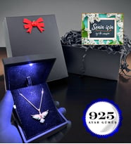 Işıklı Premium Kutusunda Zümrüdü Anka Kuşu Kolye - 925 Gümüş Kolye Siyah Hediye Kutusunda