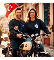 Sevgililer Günü Kombin Erkek Kadın Ejderha Görselli Bisiklet Yaka Sweatshirt (Siyah)