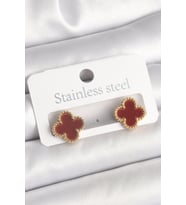 Pirinç Gold Renk Bordo Yonca Model Kadın Küpe 5886