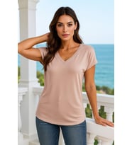 Kadın Pudra Pembe Viskon V Yakalı T-shirt Kısa Kol Rahat Kesim Bluz