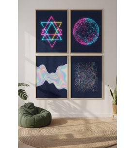 Neon Geometrik Formlar Dekoratif 4’lü Ahşap Çerçeveli Tablo Seti - Genç Odası Dekor