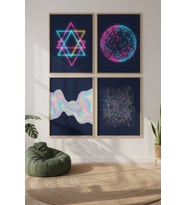 Neon Geometrik Formlar Dekoratif 4’lü Ahşap Çerçeveli Tablo Seti - Genç Odası Dekor