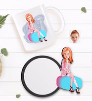 BK Gift Kişiye Özel Kadın Karikatürlü Beyaz Kupa ve Ahşap Bardak Altlığı Hediye Seti-32