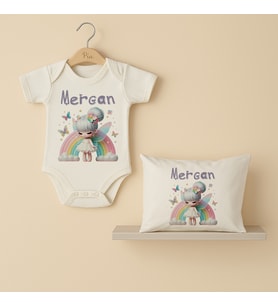 Pia Baby Premium %100 Pamuk İsme Özel Organik Baskılı Çıtçıtlı Bebek Body Ve Yastık Kılıfı 5083-19 (Ekru)